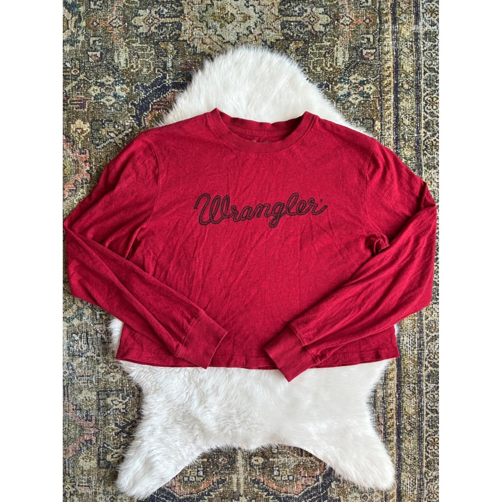 Wrangler Red Long Sleeve Cropped T Shirt Womens XS Graphic Logo Casual‎